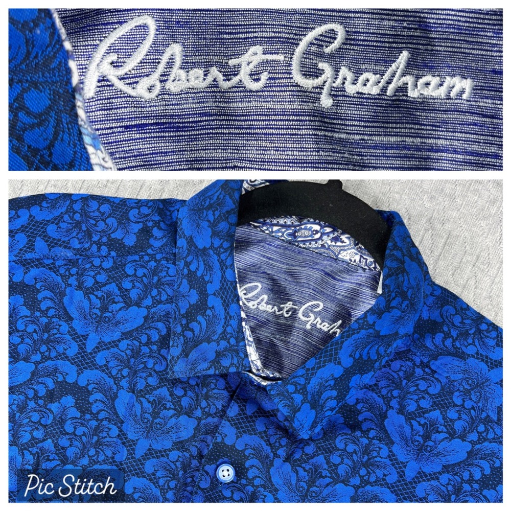 Robert Graham Button Up Shirt Mens L Blue Damask Floral Classic Fit Short Sleeve